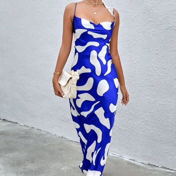 Blue & White Preppy Womens Allover Print Draped Collar Cami Dress - Picture 4 of 5